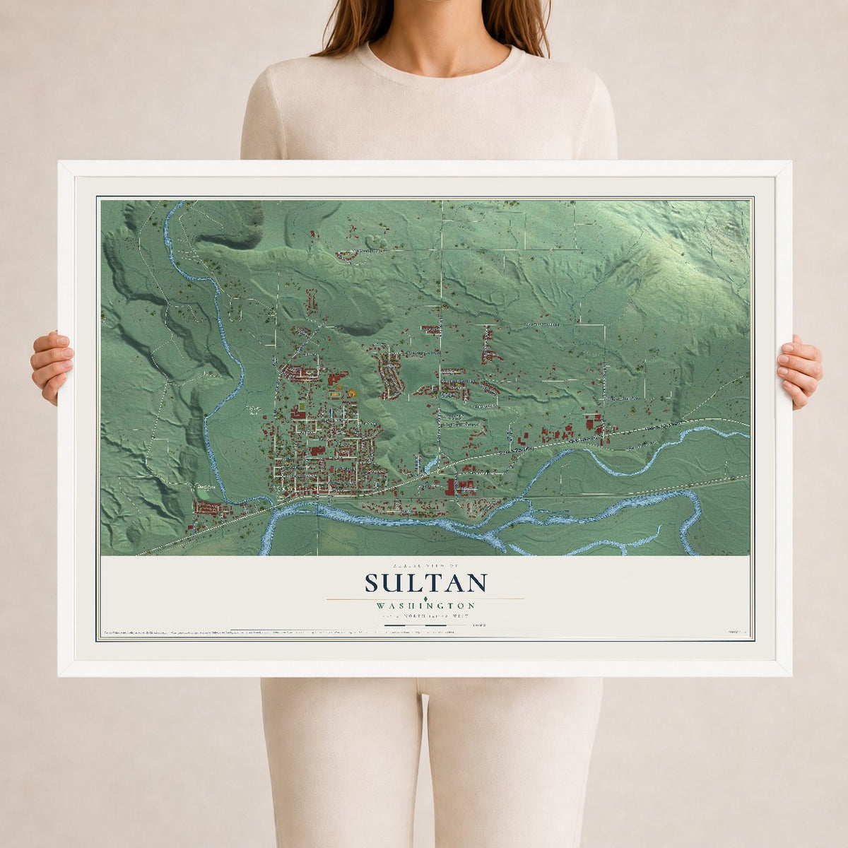 Map of Sultan, Washington, 24 x 36 inch print in a white wood frame