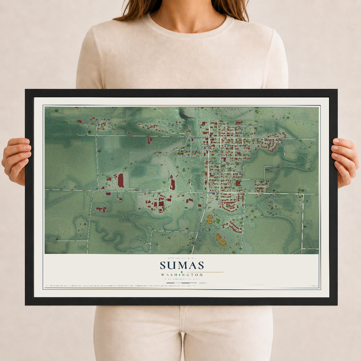 Map of Sumas, Washington, 12 x 18 inch print in a black wood frame