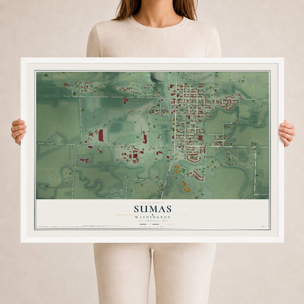 Map of Sumas, Washington, 24 x 36 inch print in a white wood frame