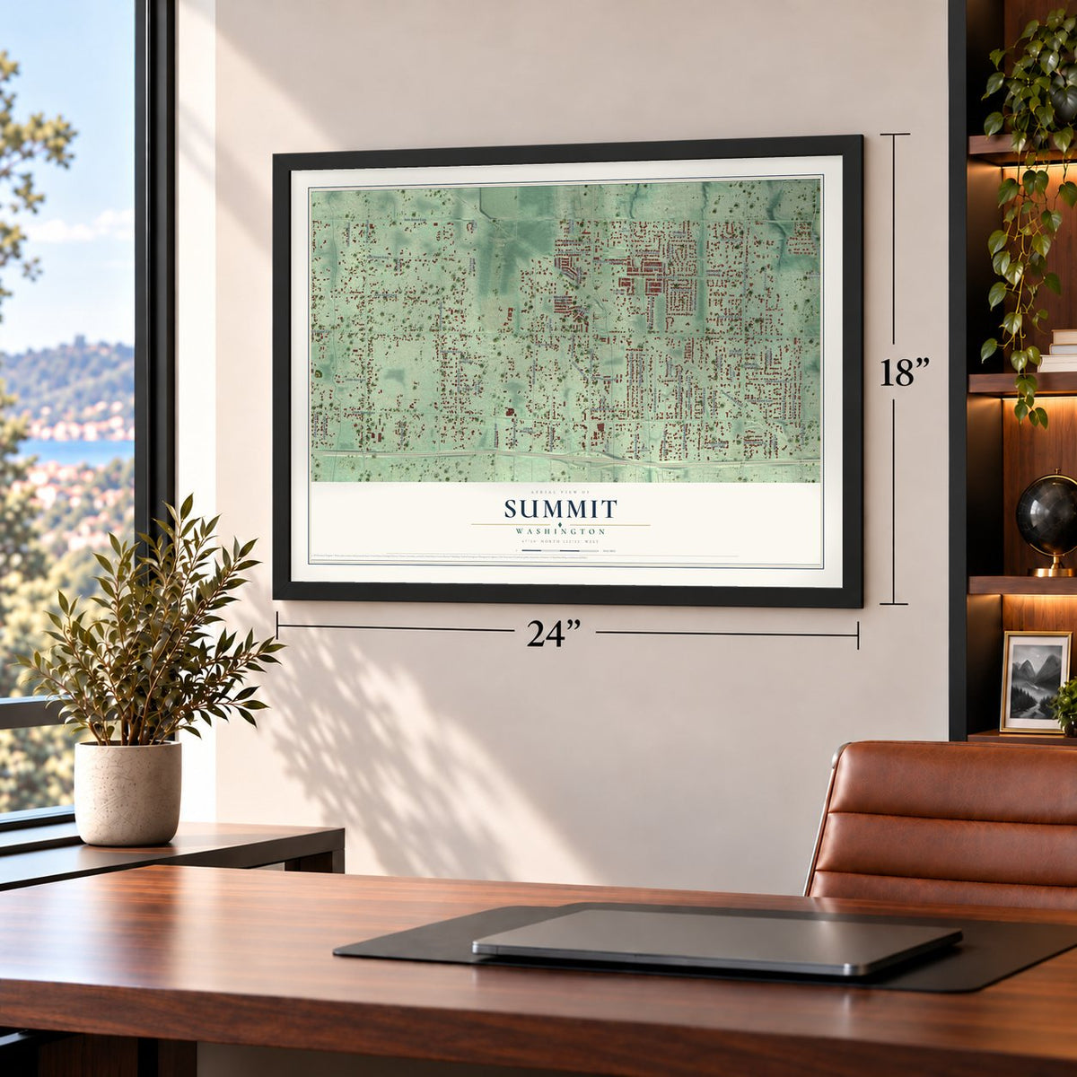 Summit, Washington map, 18 x 24 inch print in a black frame in a home office