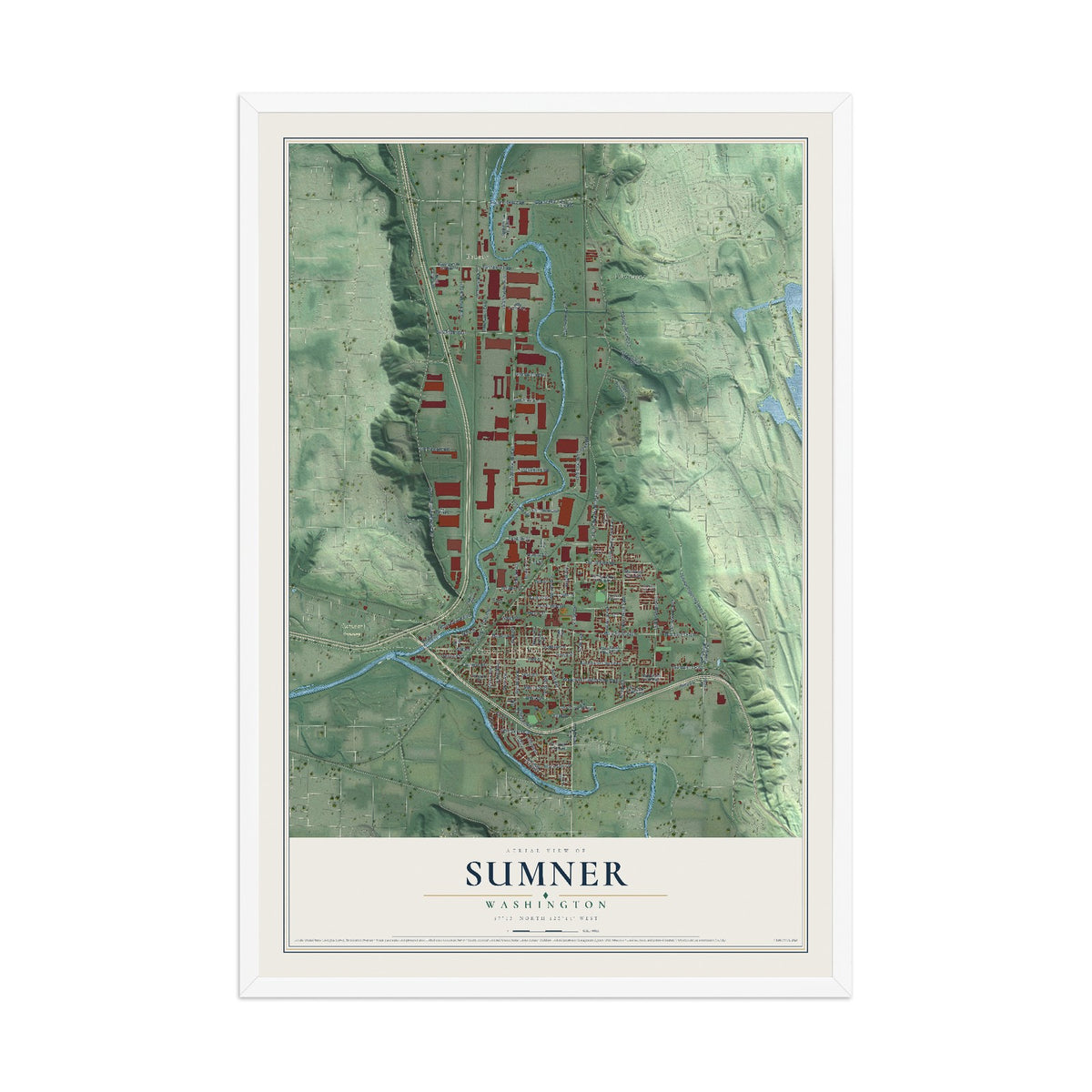 Map of Sumner, Washington, 12 x 18 inch print in a white wood frame