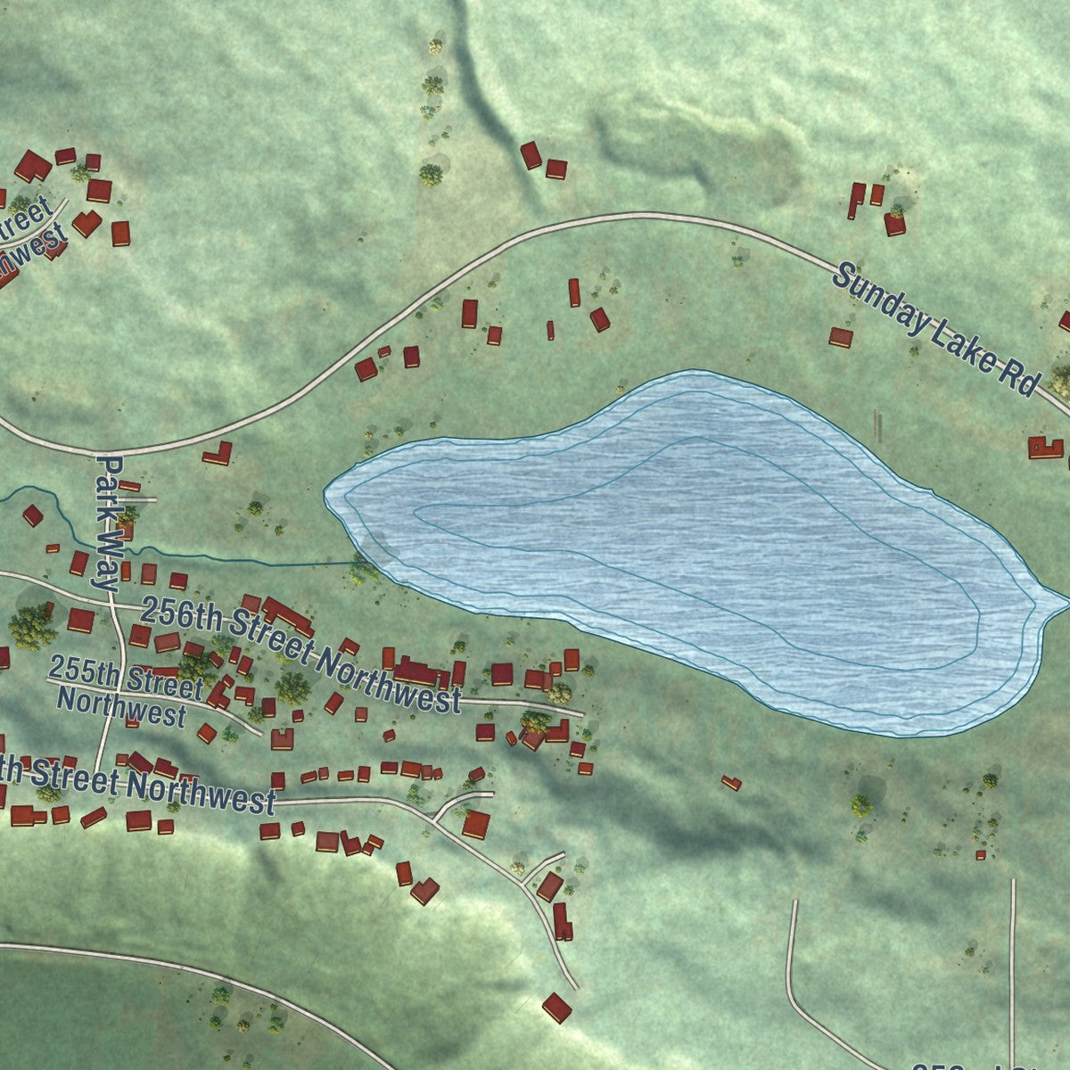 Close-up of the map of Sunday Lake, Washington print showing street and building detail