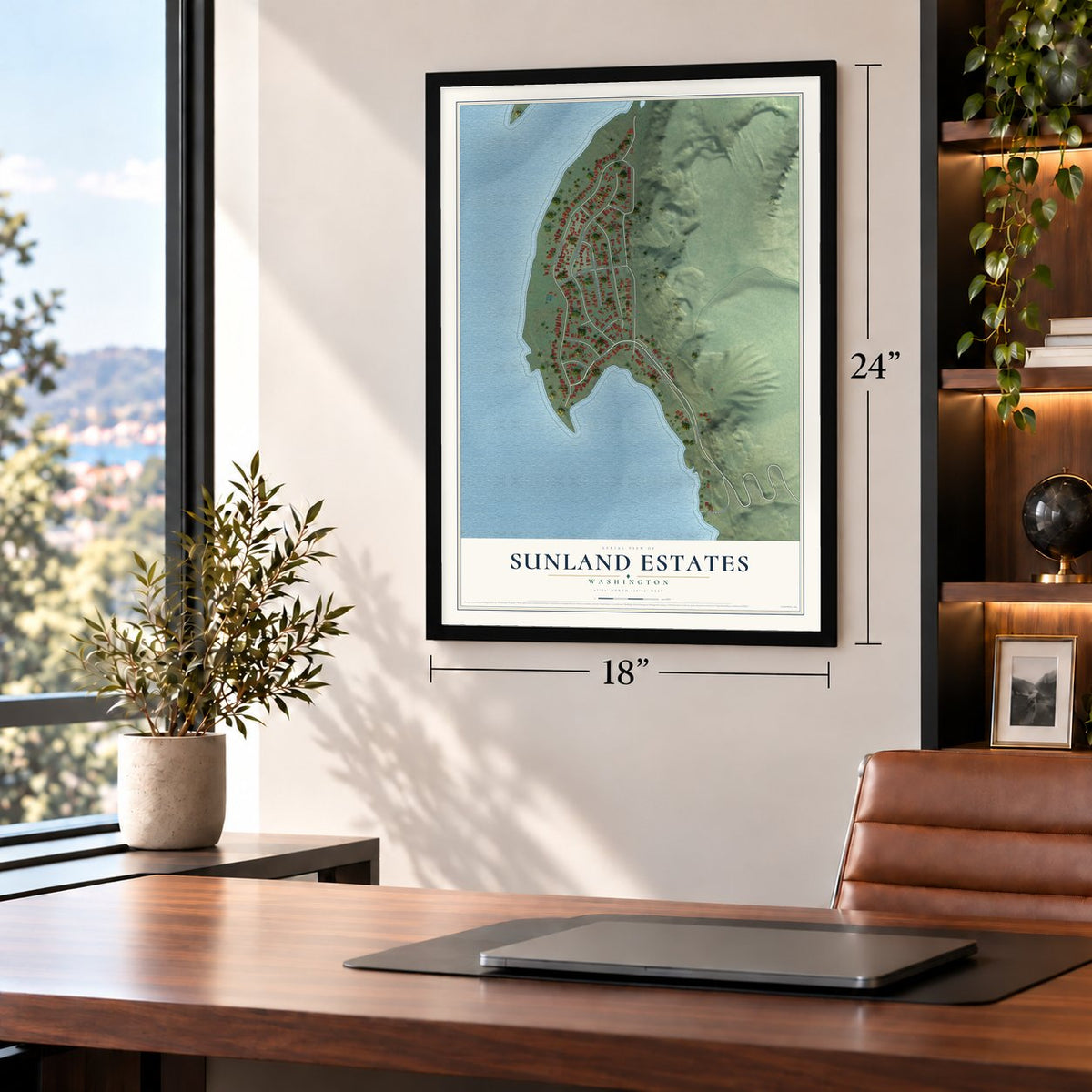 Sunland Estates, Washington map, 18 x 24 inch print in a black frame in a home office