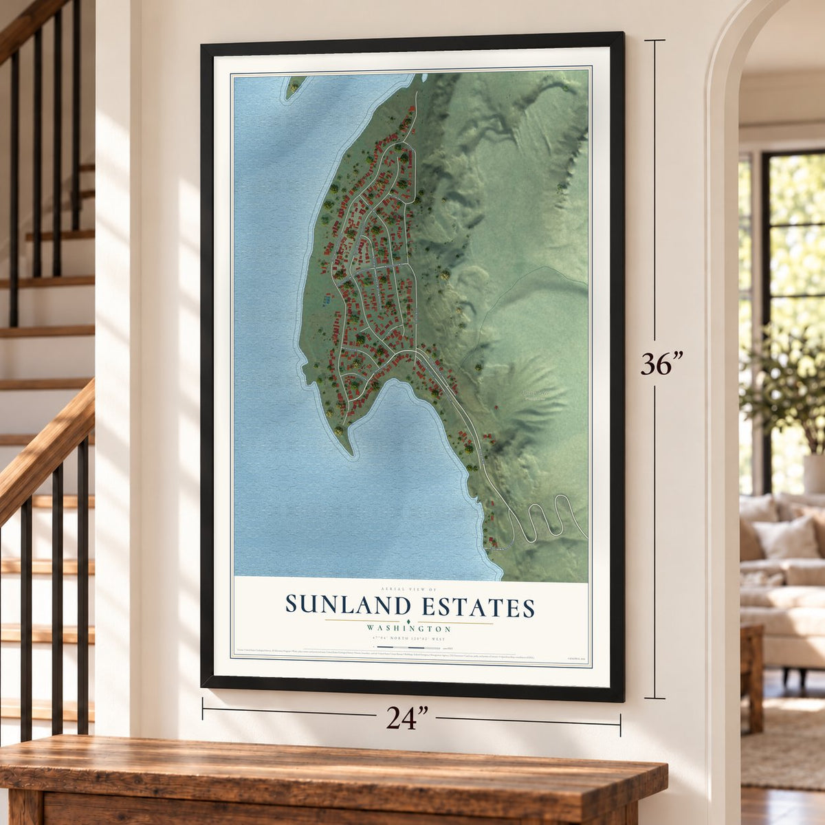 Sunland Estates, Washington map, 24 x 36 inch print in a black frame by a staircase