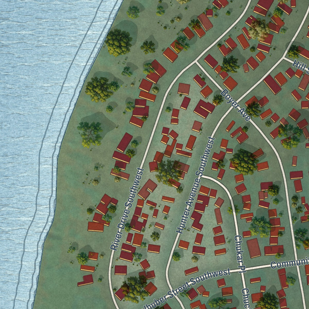 Close-up of the map of Sunland Estates, Washington print showing street and building detail