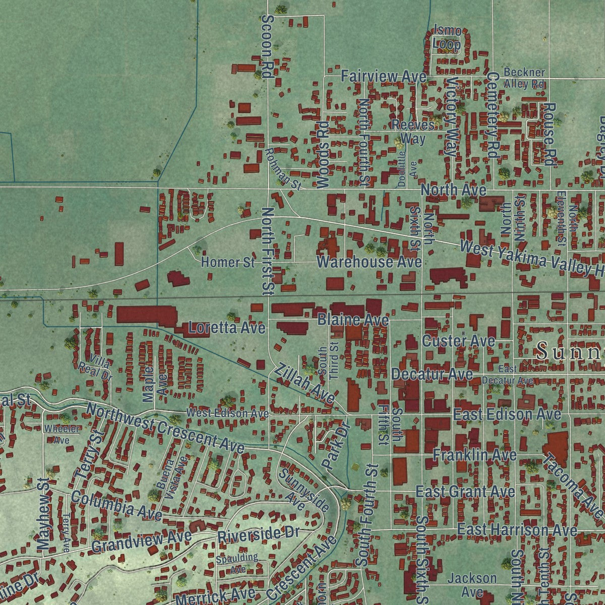 Close-up of the map of Sunnyside, Washington print showing street and building detail