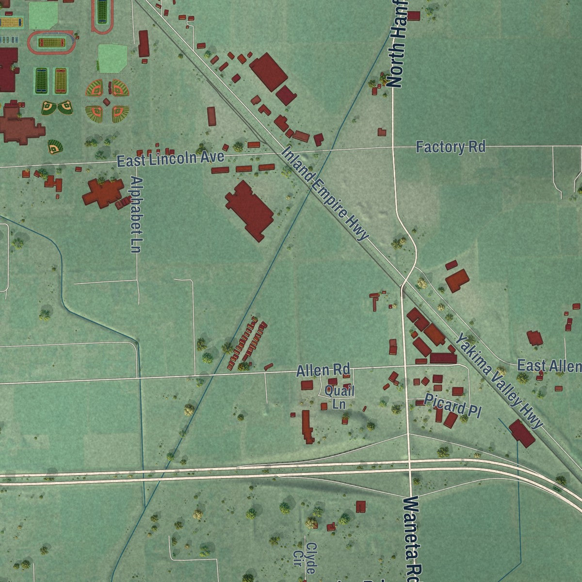 Second close-up of the map of Sunnyside, Washington print showing more streets and buildings