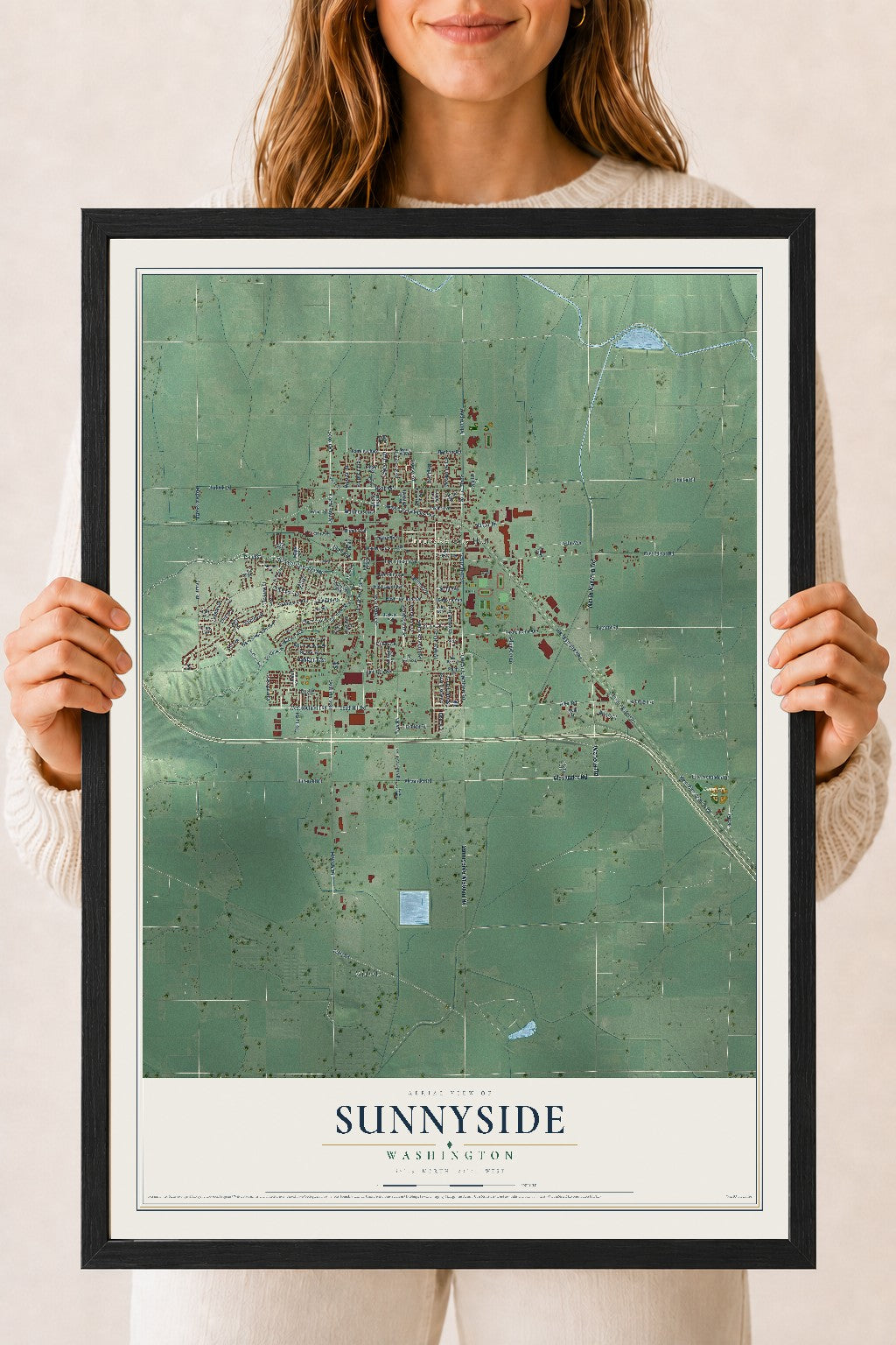 Map of Sunnyside, Washington, 18 x 24 inch print in a black wood frame