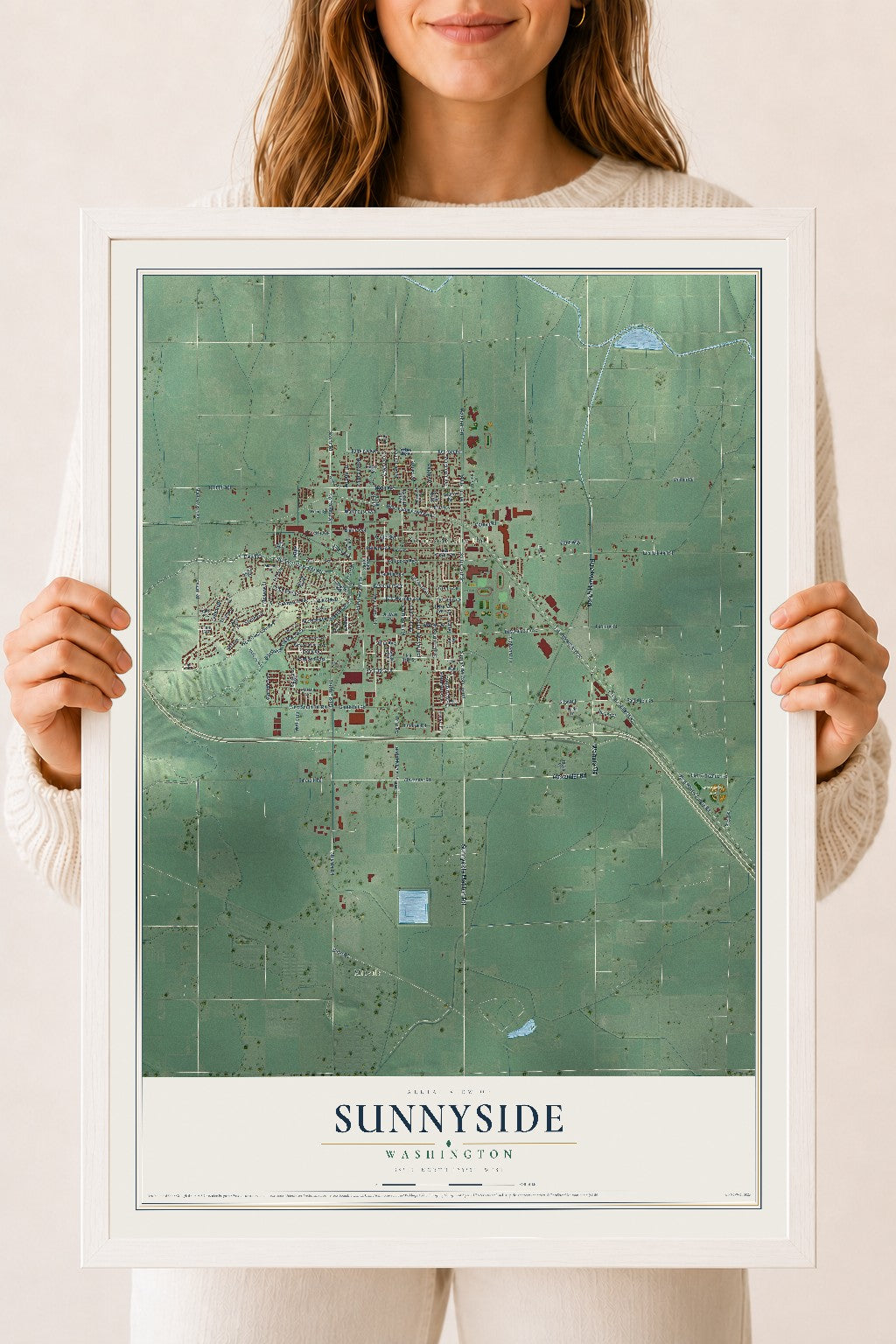 Map of Sunnyside, Washington, 18 x 24 inch print in a white wood frame