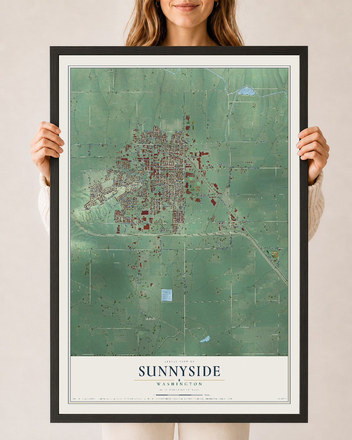 Map of Sunnyside, Washington, 24 x 36 inch print in a black wood frame