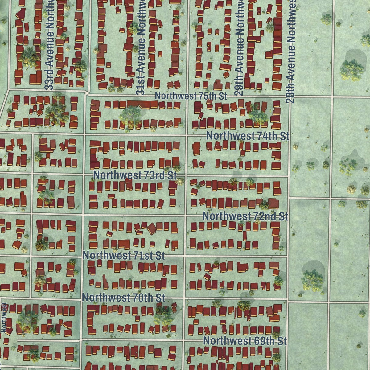 Close-up of the map of Sunset Hill, Washington print showing street and building detail