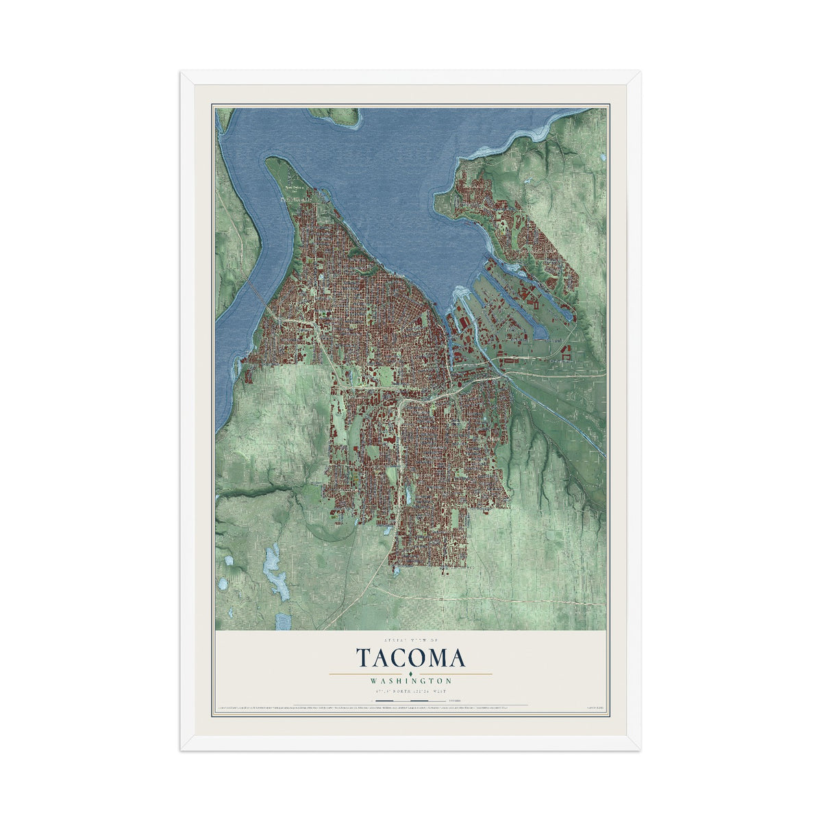 Map of Tacoma, Washington, 12 x 18 inch print in a white wood frame