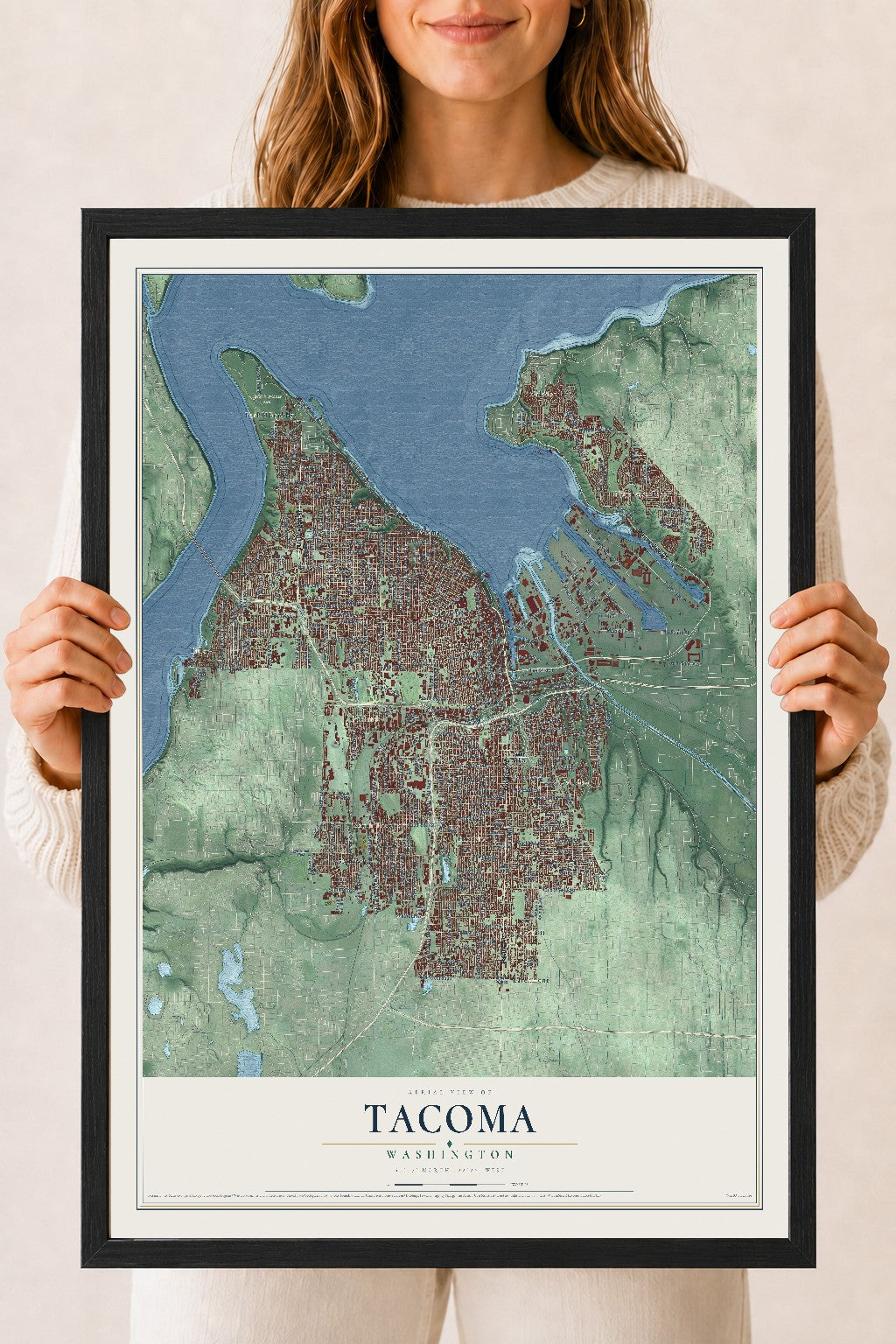 Map of Tacoma, Washington, 18 x 24 inch print in a black wood frame
