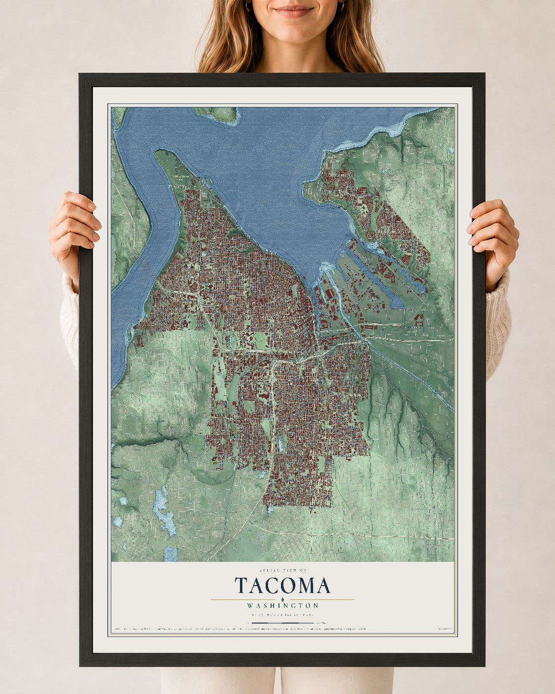 Map of Tacoma, Washington, 24 x 36 inch print in a black wood frame
