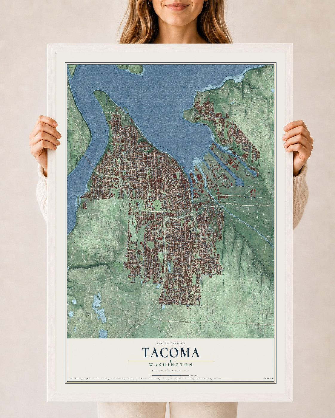 Map of Tacoma, Washington, 24 x 36 inch print in a white wood frame