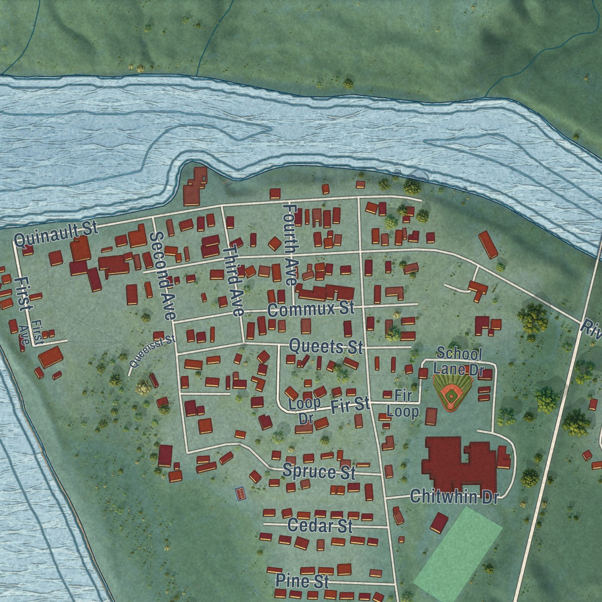 Close-up of the map of Taholah, Washington print showing street and building detail