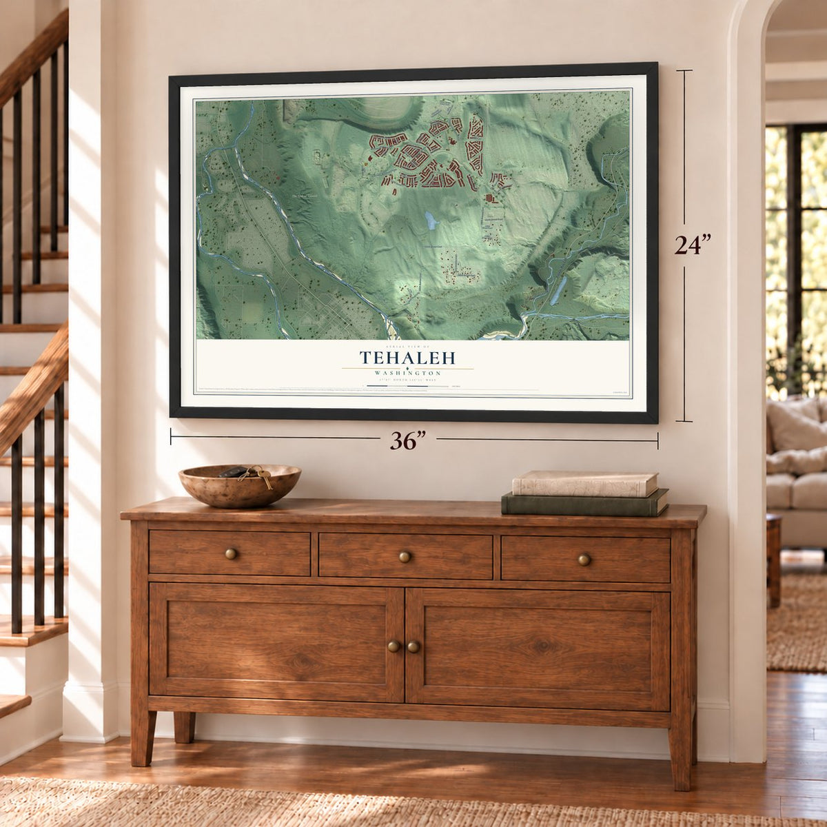 Tehaleh, Washington map, 24 x 36 inch print in a black frame above a dresser by a staircase