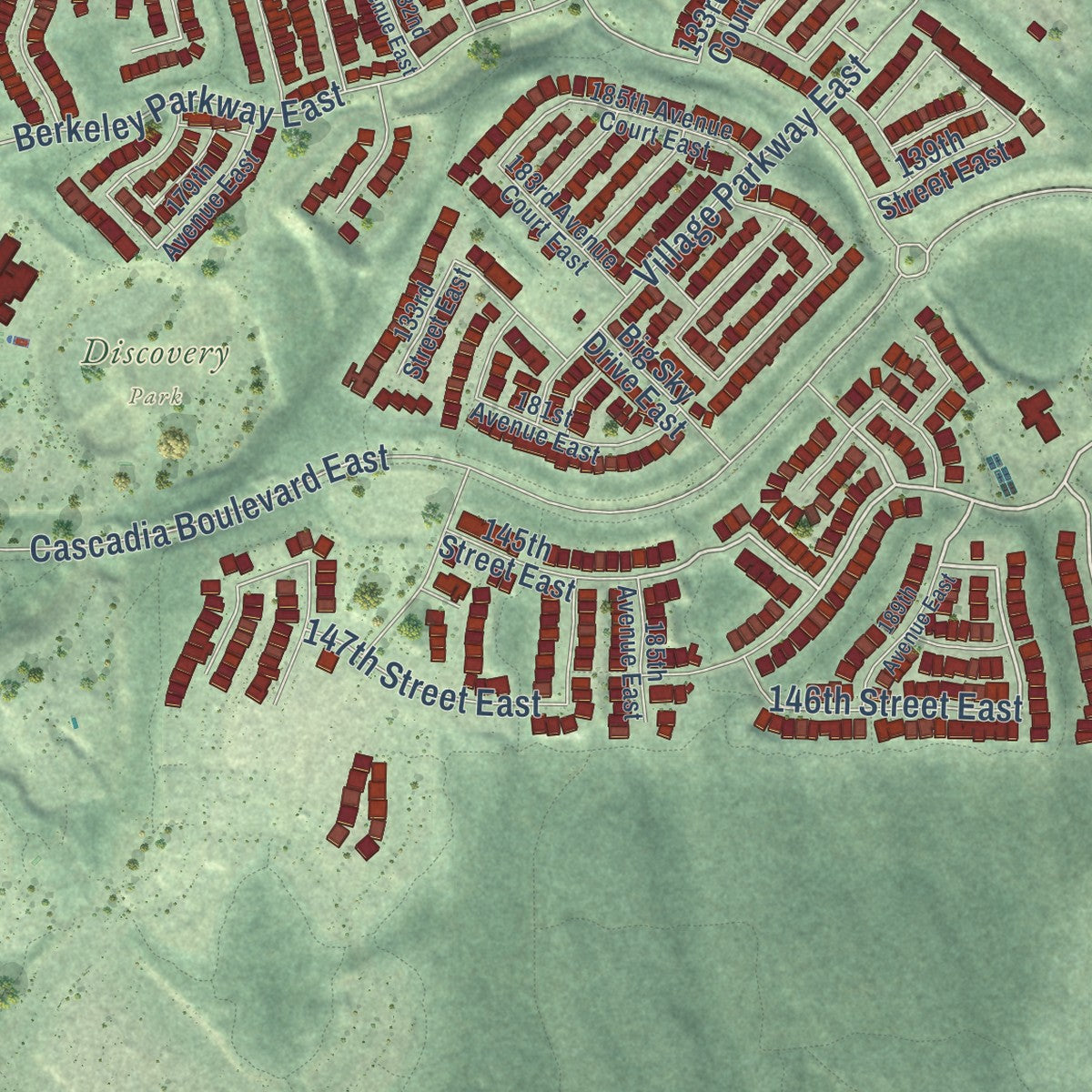 Close-up of the map of Tehaleh, Washington print showing street and building detail