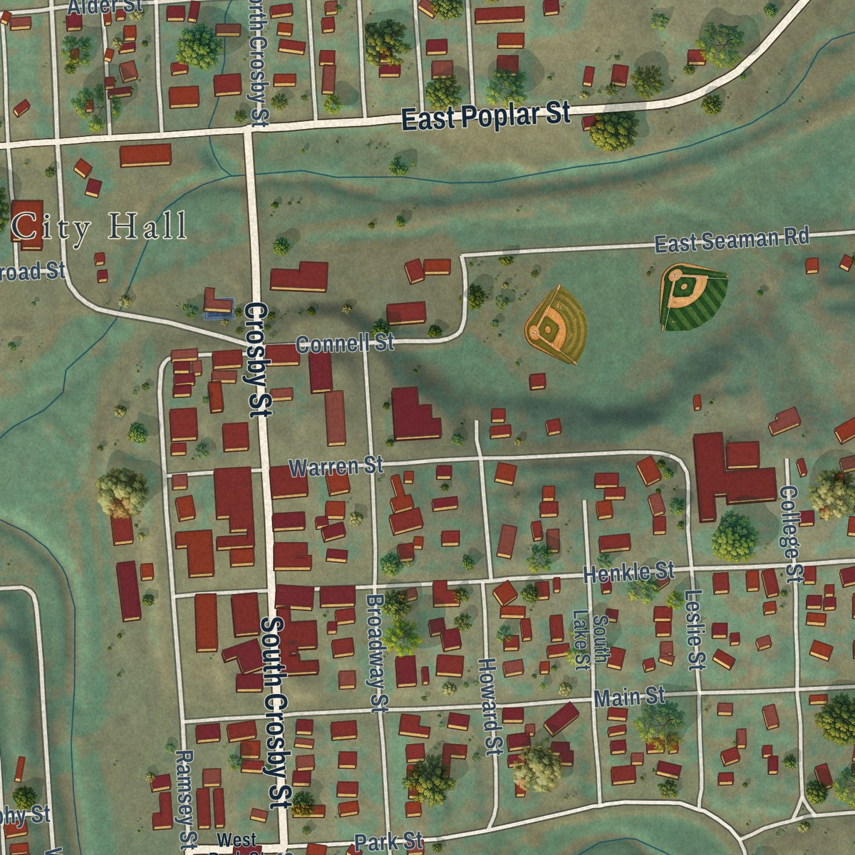 Close-up of the map of Tekoa, Washington print showing street and building detail