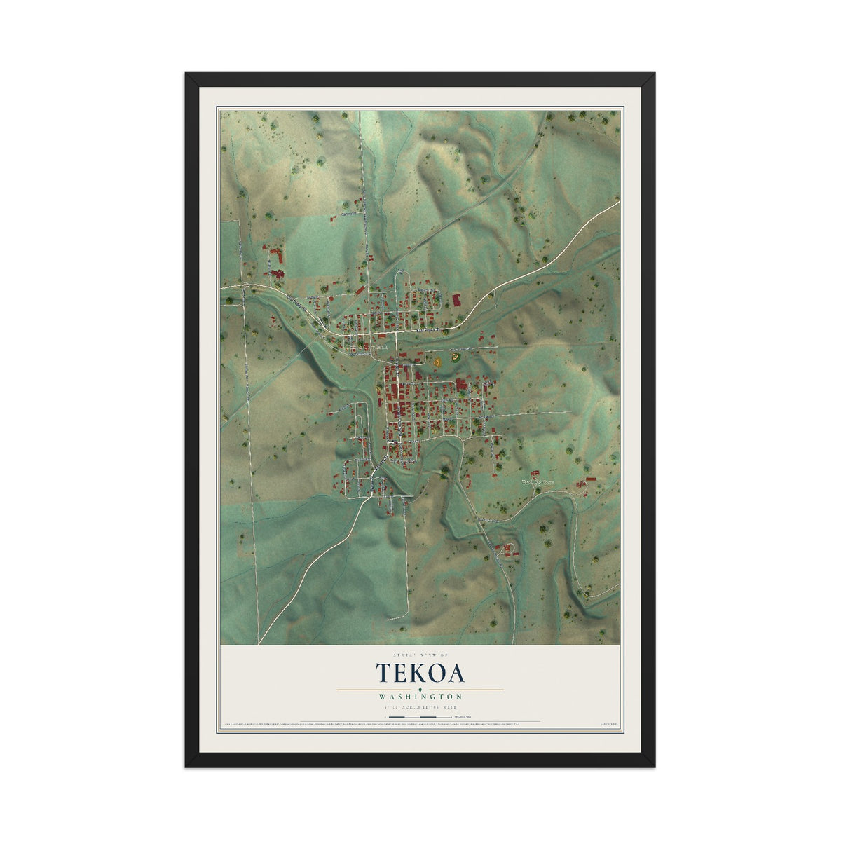 Map of Tekoa, Washington, 12 x 18 inch print in a black wood frame