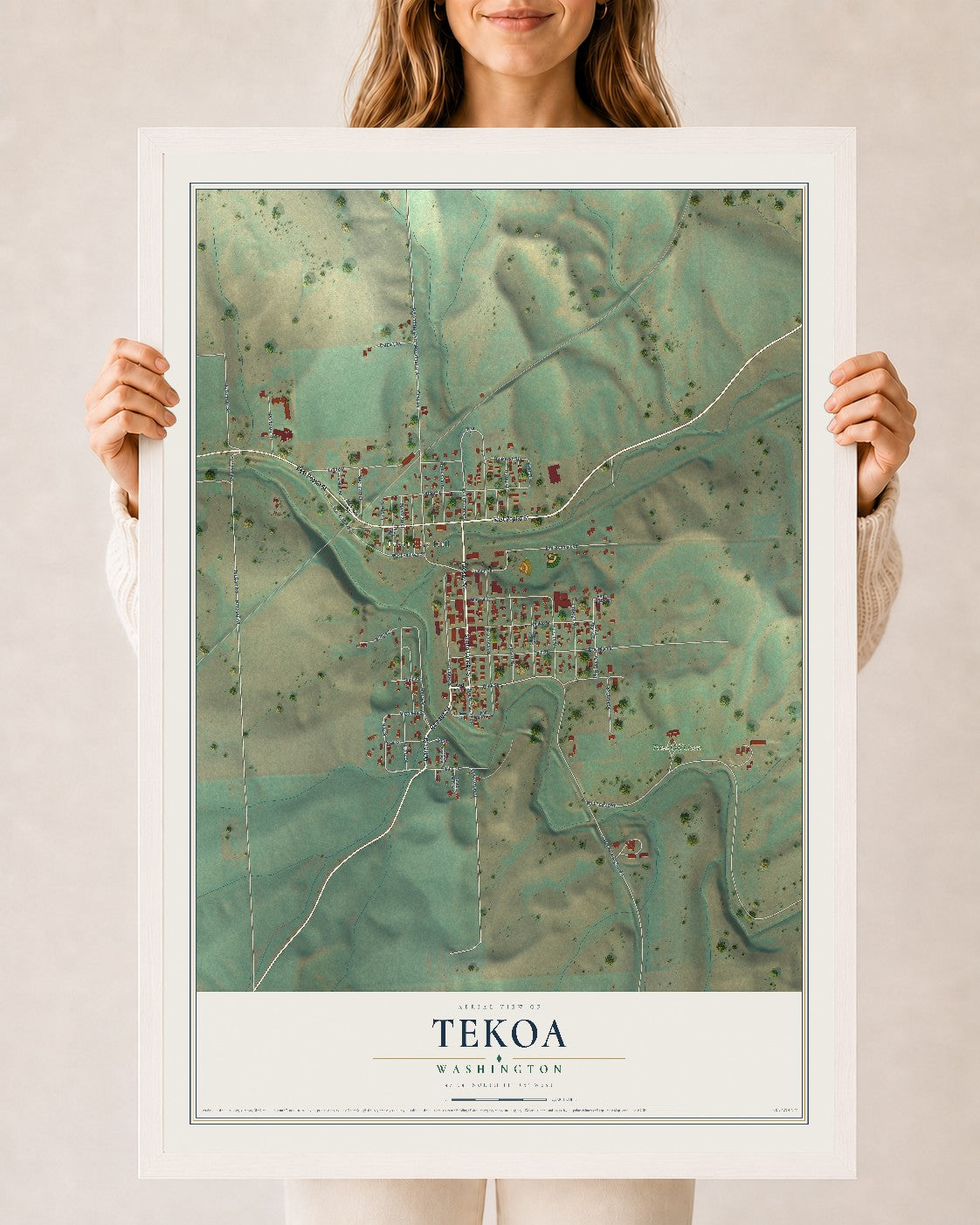 Map of Tekoa, Washington, 24 x 36 inch print in a white wood frame