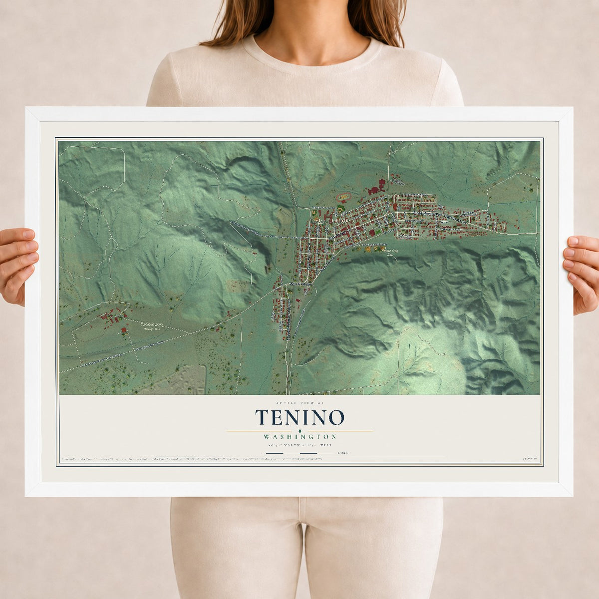 Map of Tenino, Washington, 18 x 24 inch print in a white wood frame