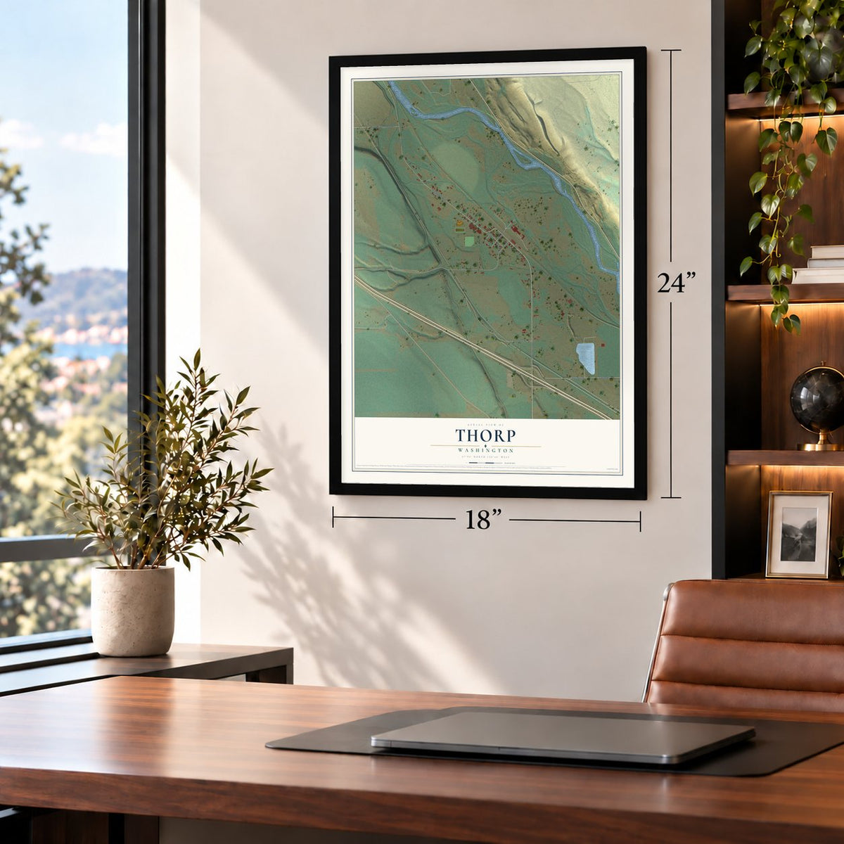 Thorp, Washington map, 18 x 24 inch print in a black frame in a home office