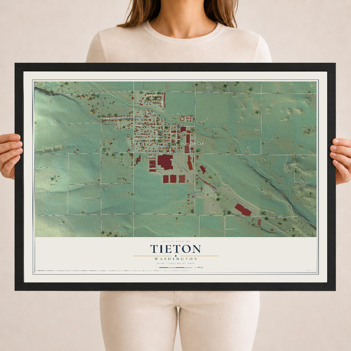 Map of Tieton, Washington, 18 x 24 inch print in a black wood frame
