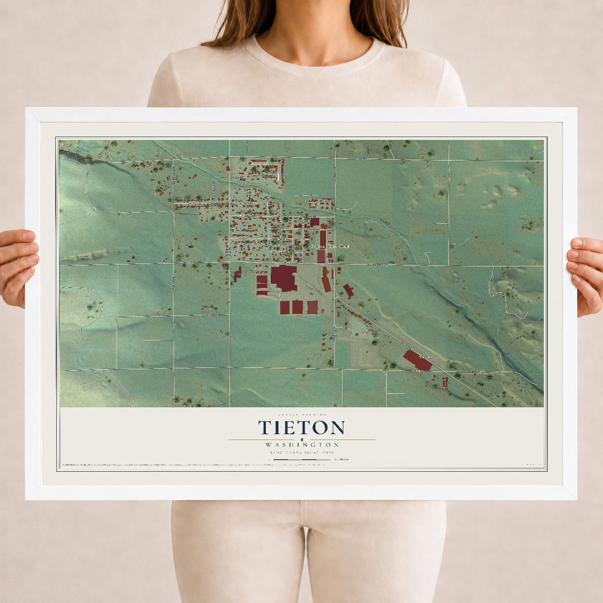 Map of Tieton, Washington, 18 x 24 inch print in a white wood frame