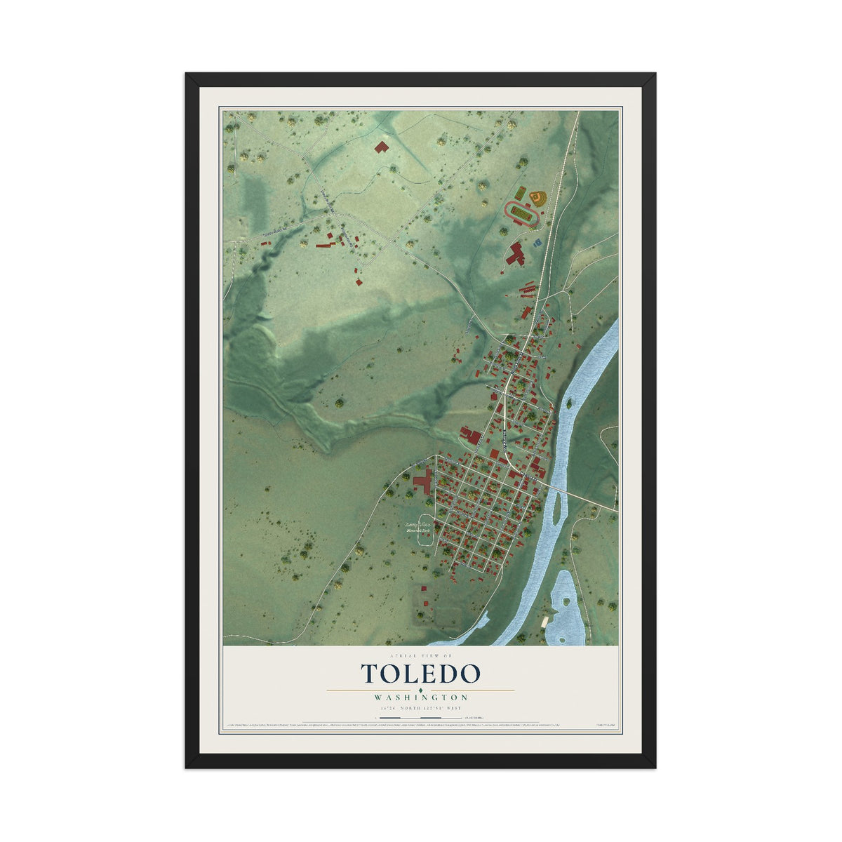Map of Toledo, Washington, 12 x 18 inch print in a black wood frame