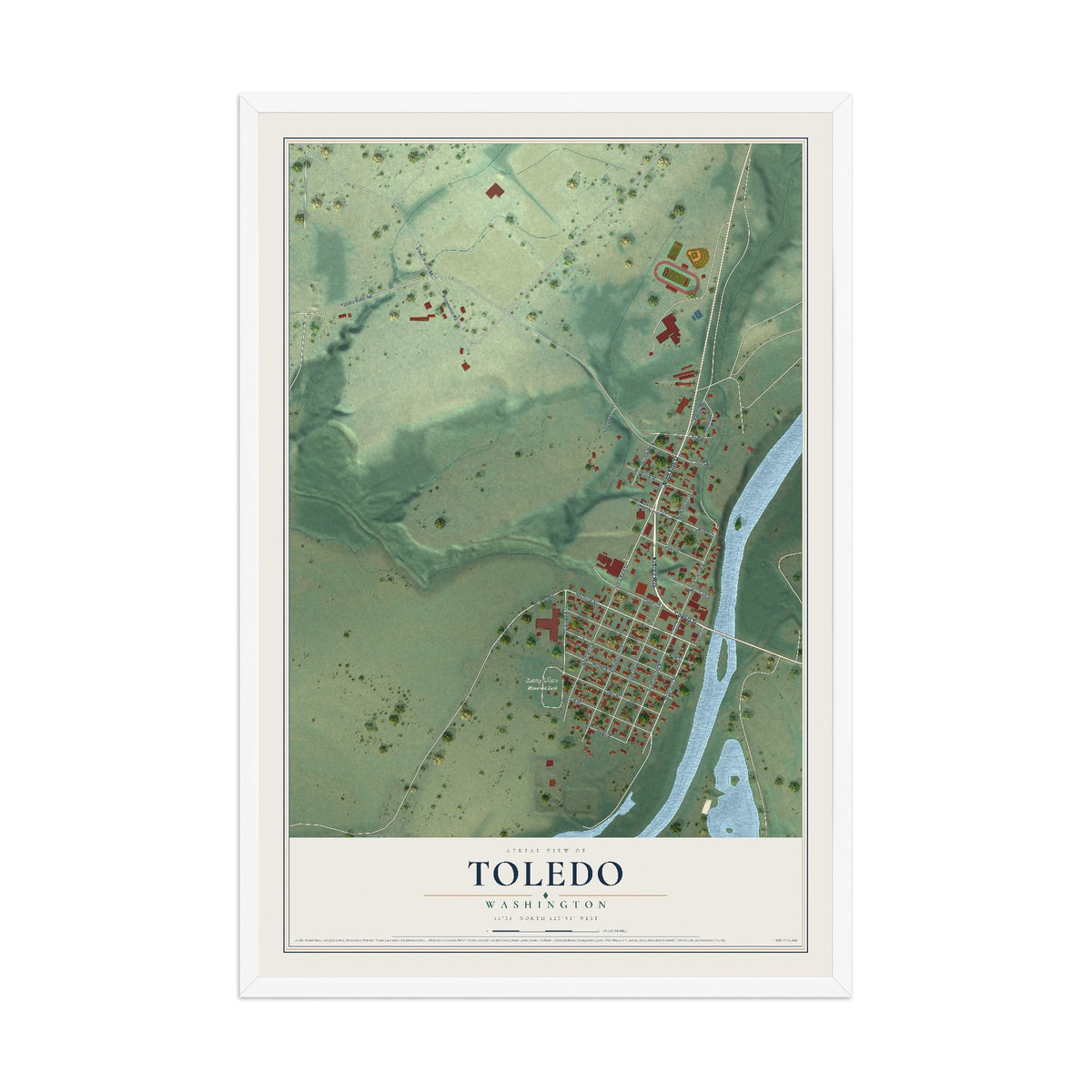 Map of Toledo, Washington, 12 x 18 inch print in a white wood frame