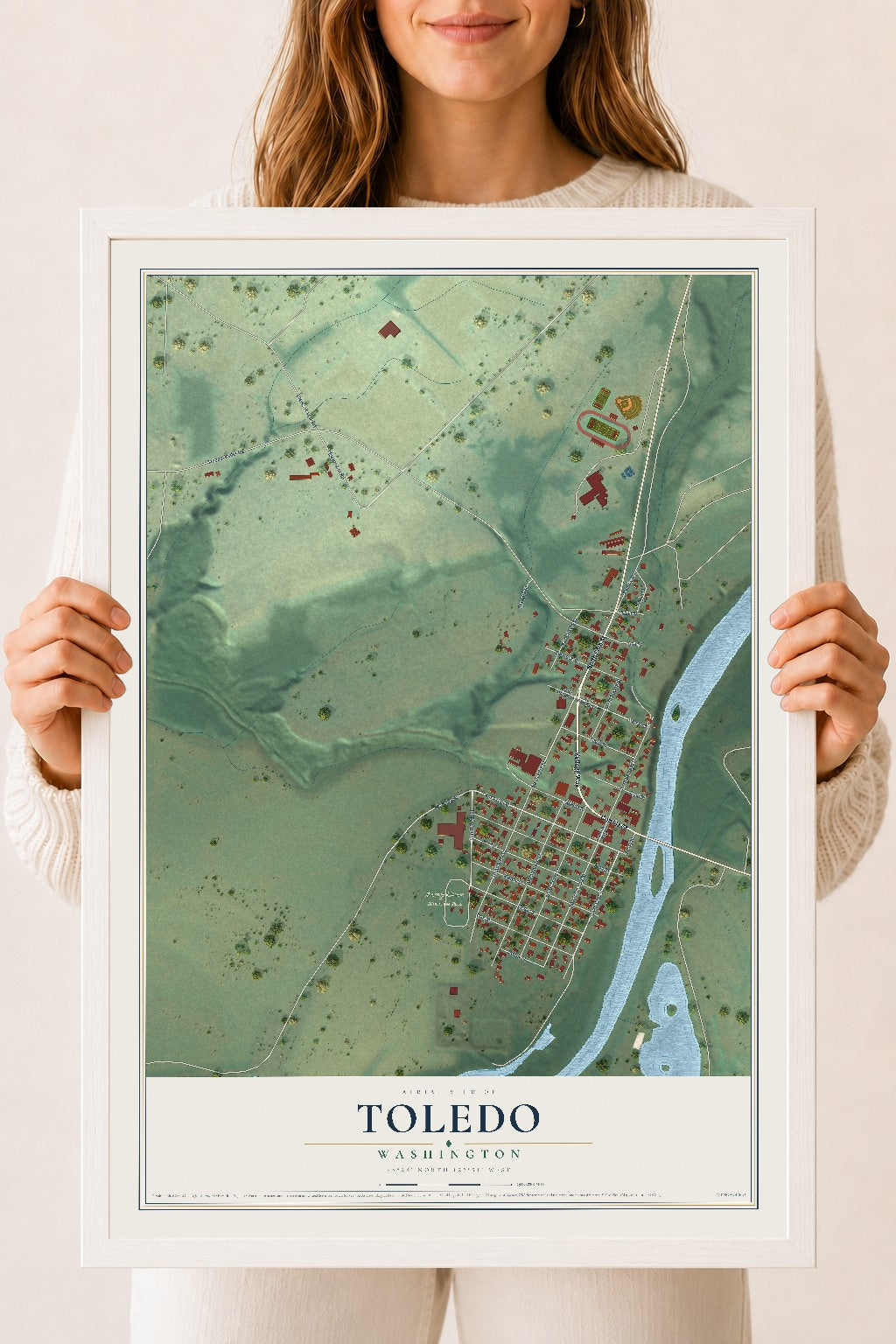 Map of Toledo, Washington, 18 x 24 inch print in a white wood frame