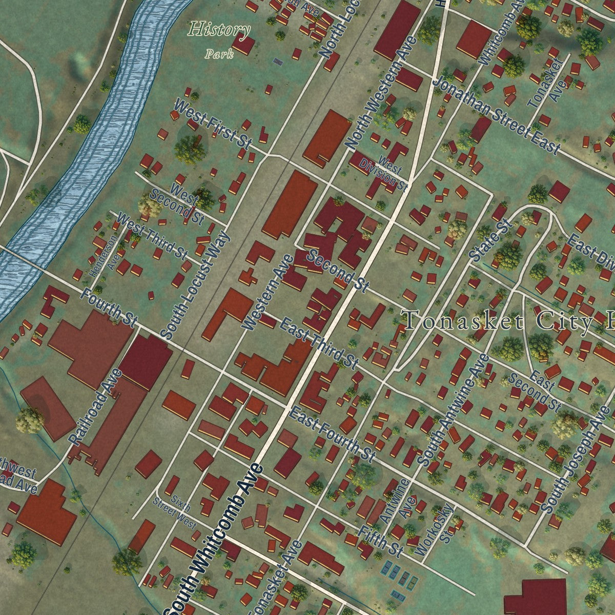 Close-up of the map of Tonasket, Washington print showing street and building detail