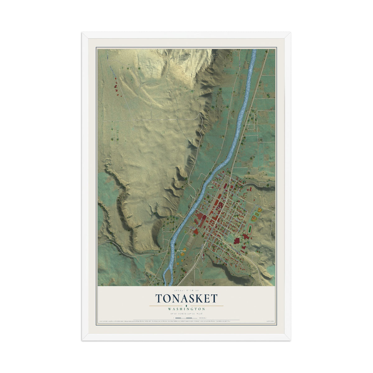 Map of Tonasket, Washington, 12 x 18 inch print in a white wood frame