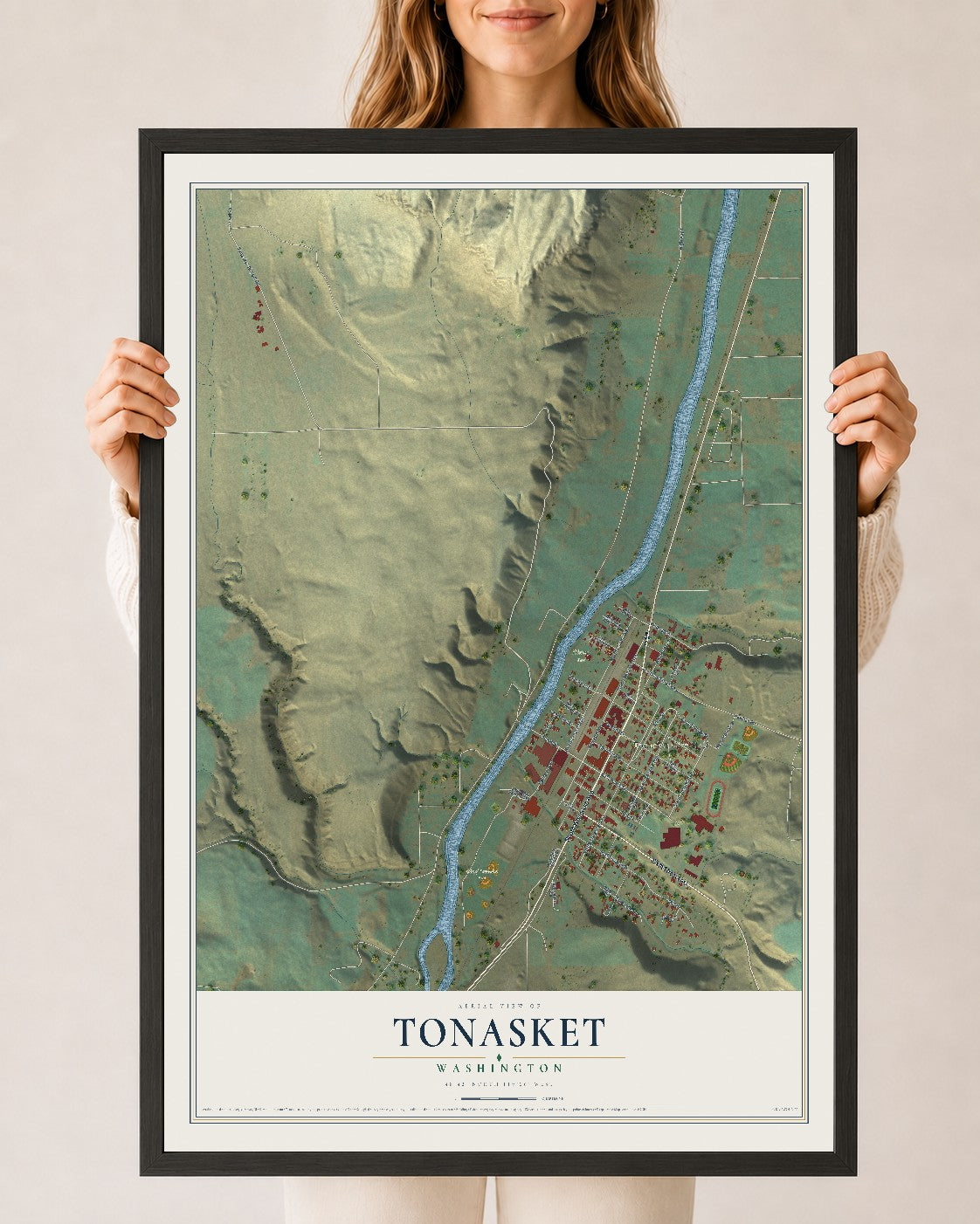 Map of Tonasket, Washington, 24 x 36 inch print in a black wood frame