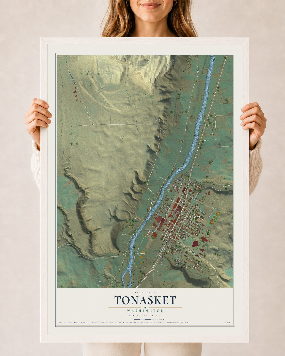 Map of Tonasket, Washington, 24 x 36 inch print in a white wood frame