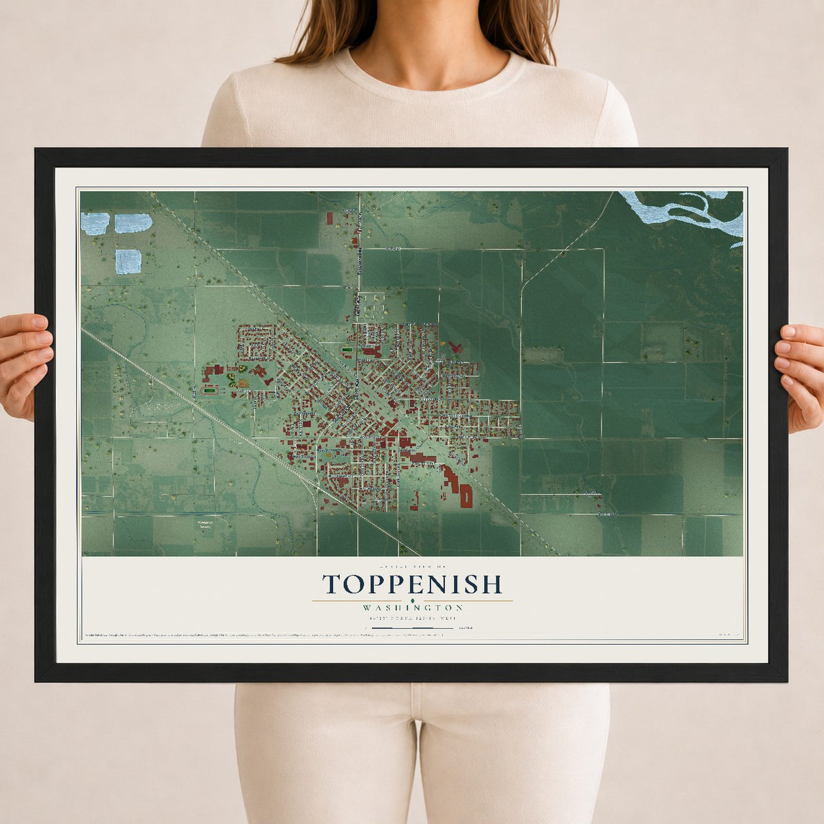 Map of Toppenish, Washington, 18 x 24 inch print in a black wood frame