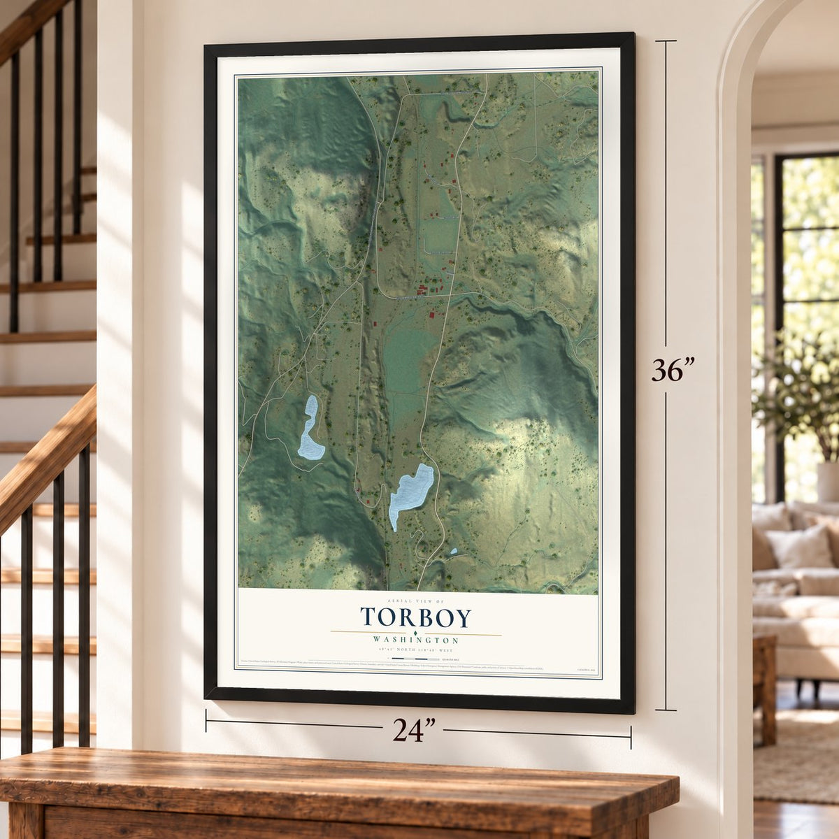 Torboy, Washington map, 24 x 36 inch print in a black frame by a staircase