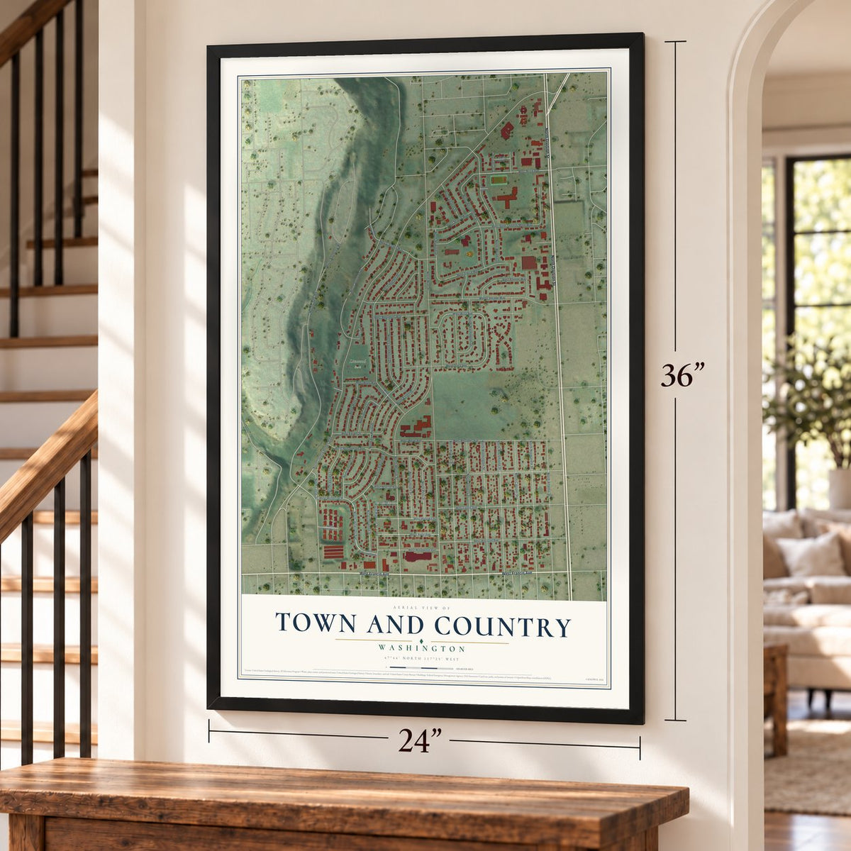 Town and Country, Washington map, 24 x 36 inch print in a black frame by a staircase