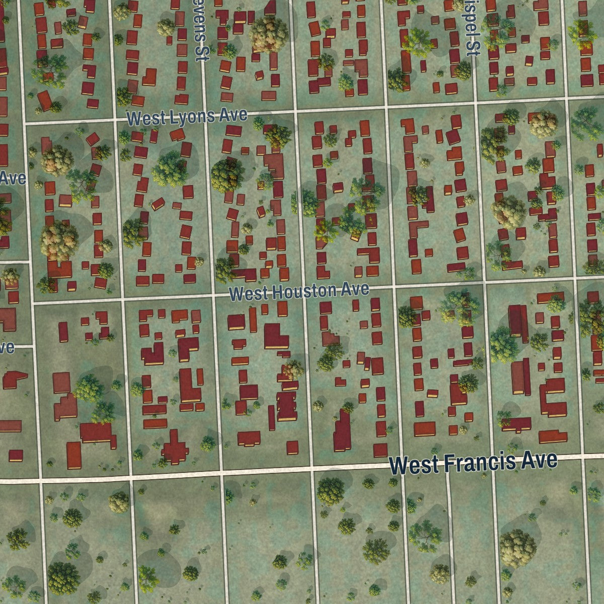 Close-up of the map of Town and Country, Washington print showing street and building detail