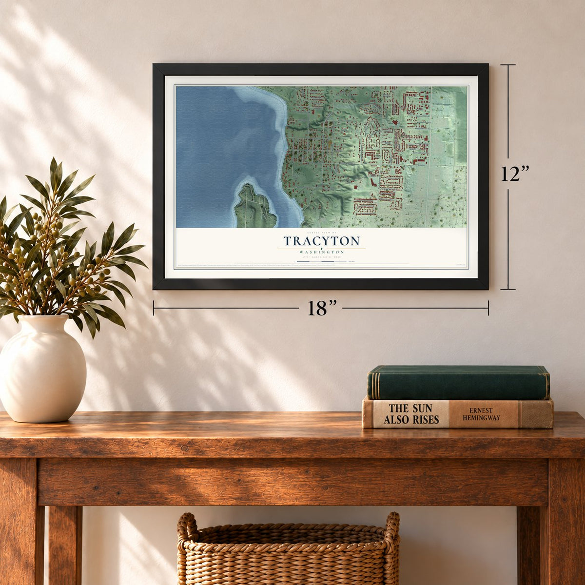 Tracyton, Washington map, 12 x 18 inch print in a black frame in an entryway