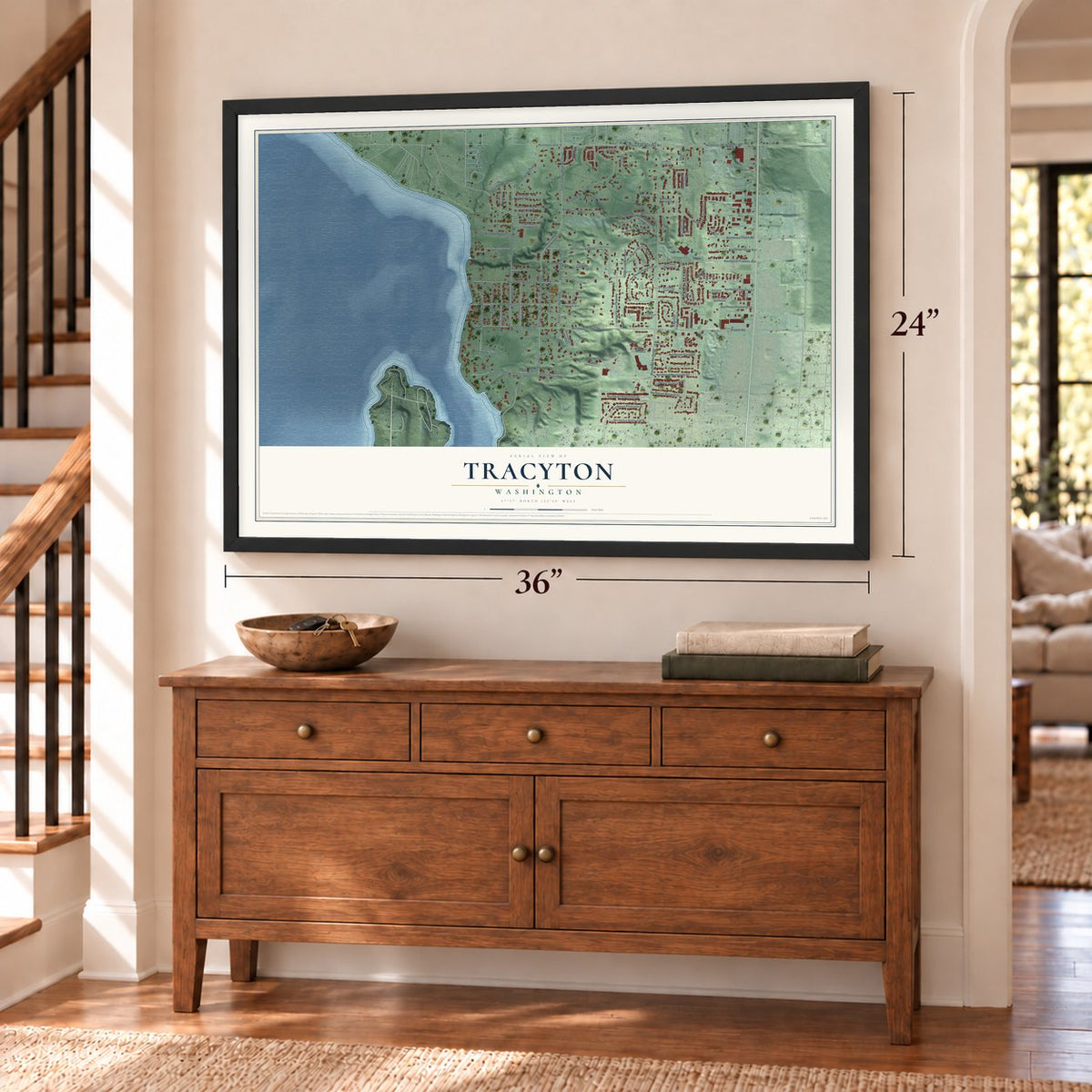 Tracyton, Washington map, 24 x 36 inch print in a black frame above a dresser by a staircase