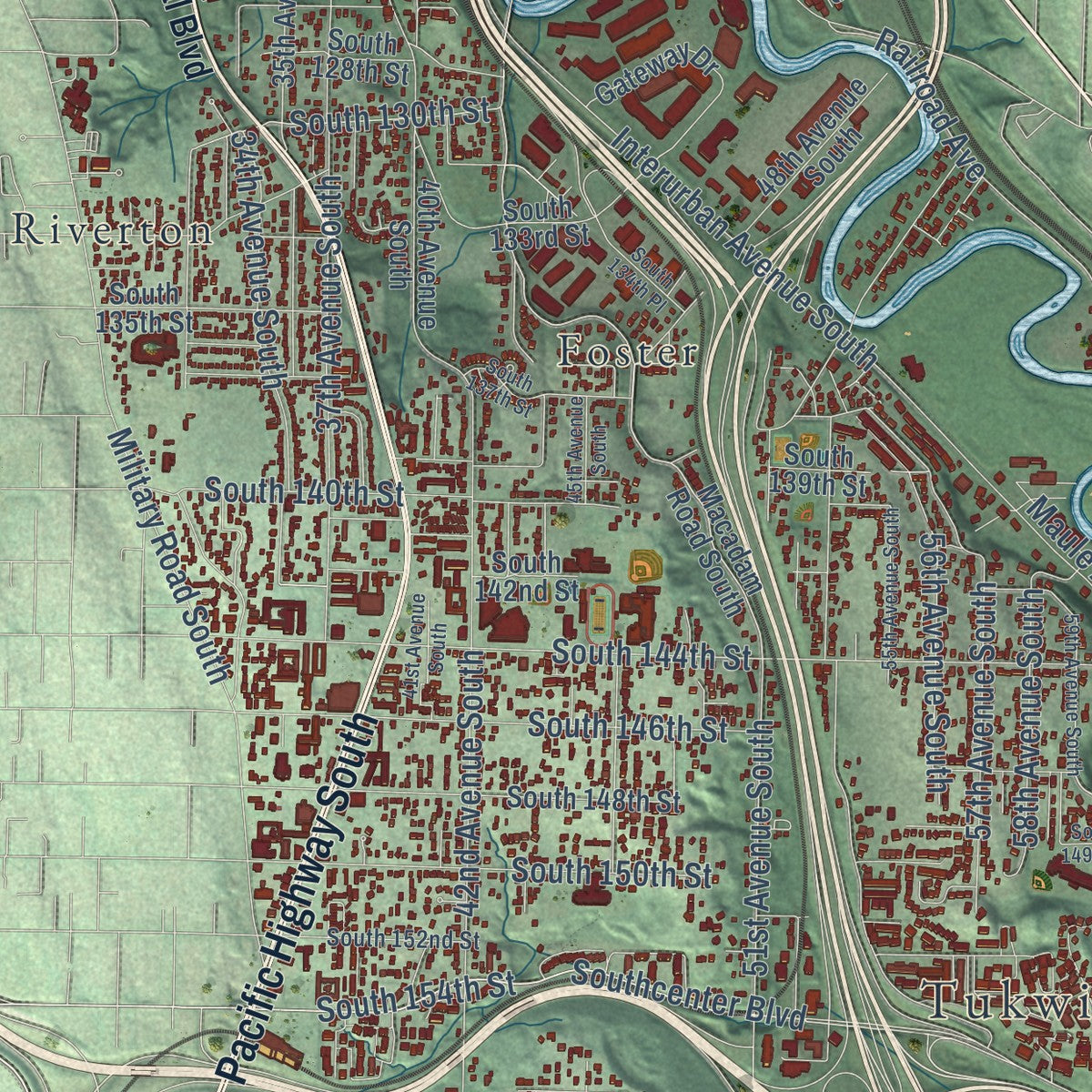 Close-up of the map of Tukwila, Washington print showing street and building detail