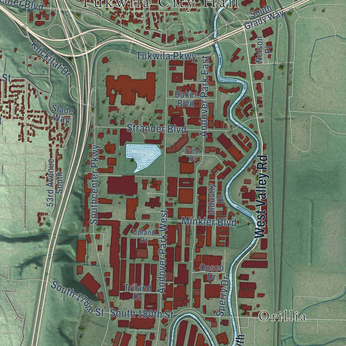 Second close-up of the map of Tukwila, Washington print showing more streets and buildings