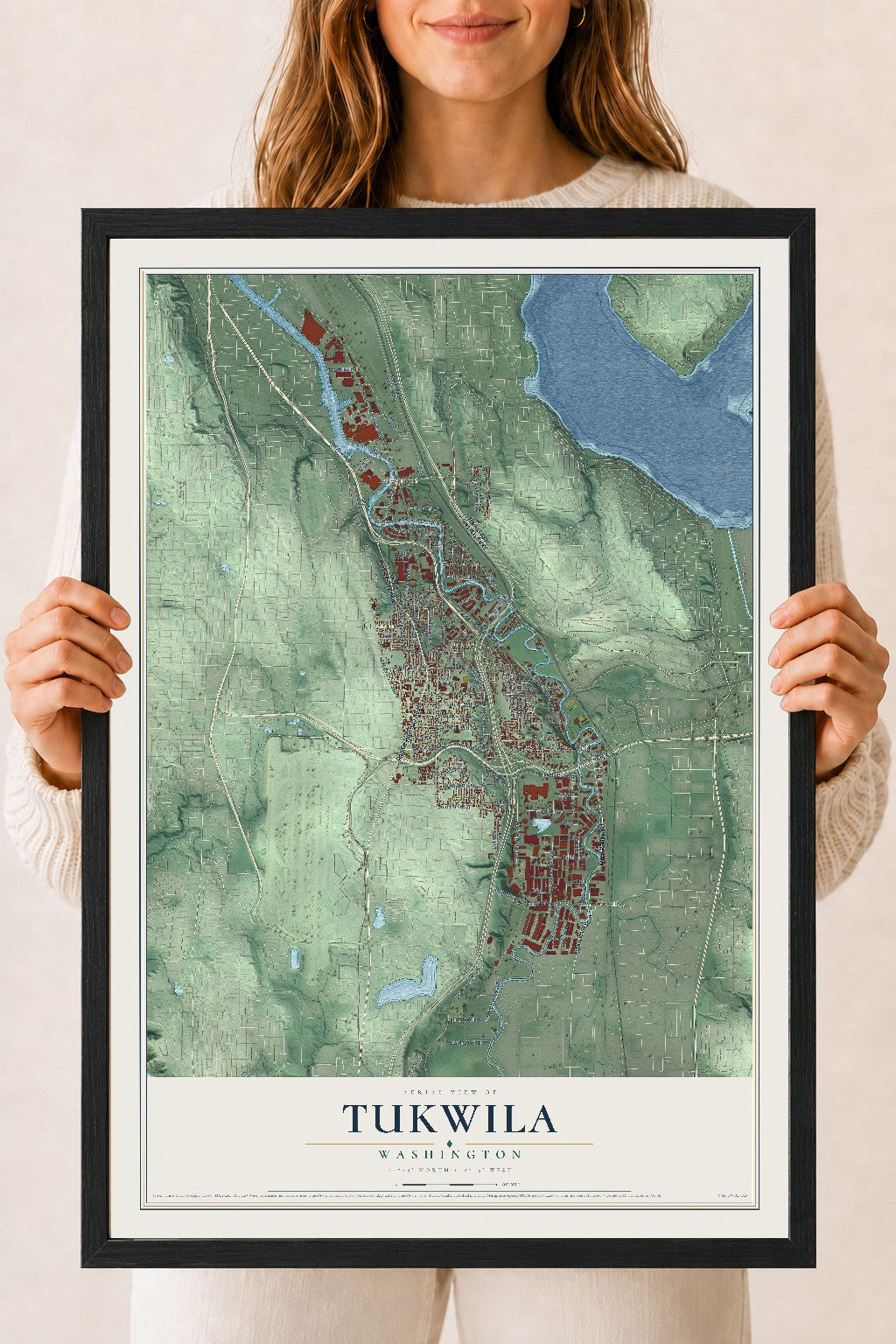 Map of Tukwila, Washington, 18 x 24 inch print in a black wood frame