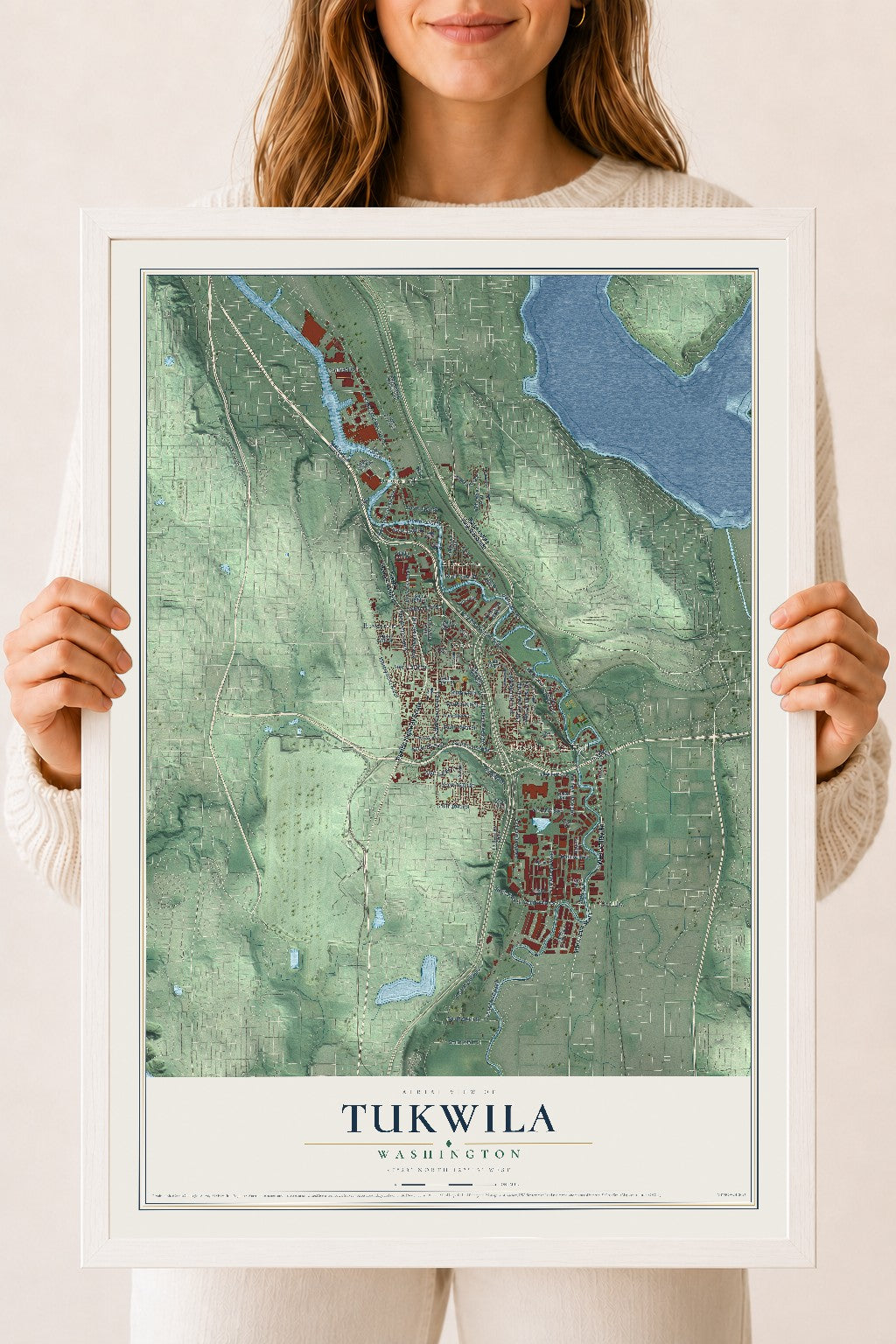 Map of Tukwila, Washington, 18 x 24 inch print in a white wood frame