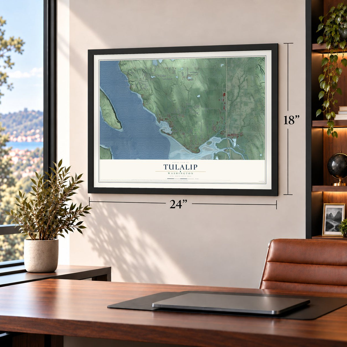 Tulalip, Washington map, 18 x 24 inch print in a black frame in a home office