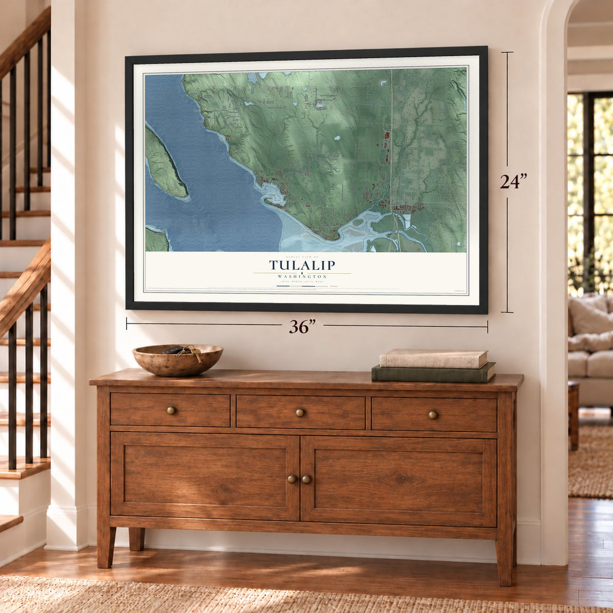 Tulalip, Washington map, 24 x 36 inch print in a black frame above a dresser by a staircase