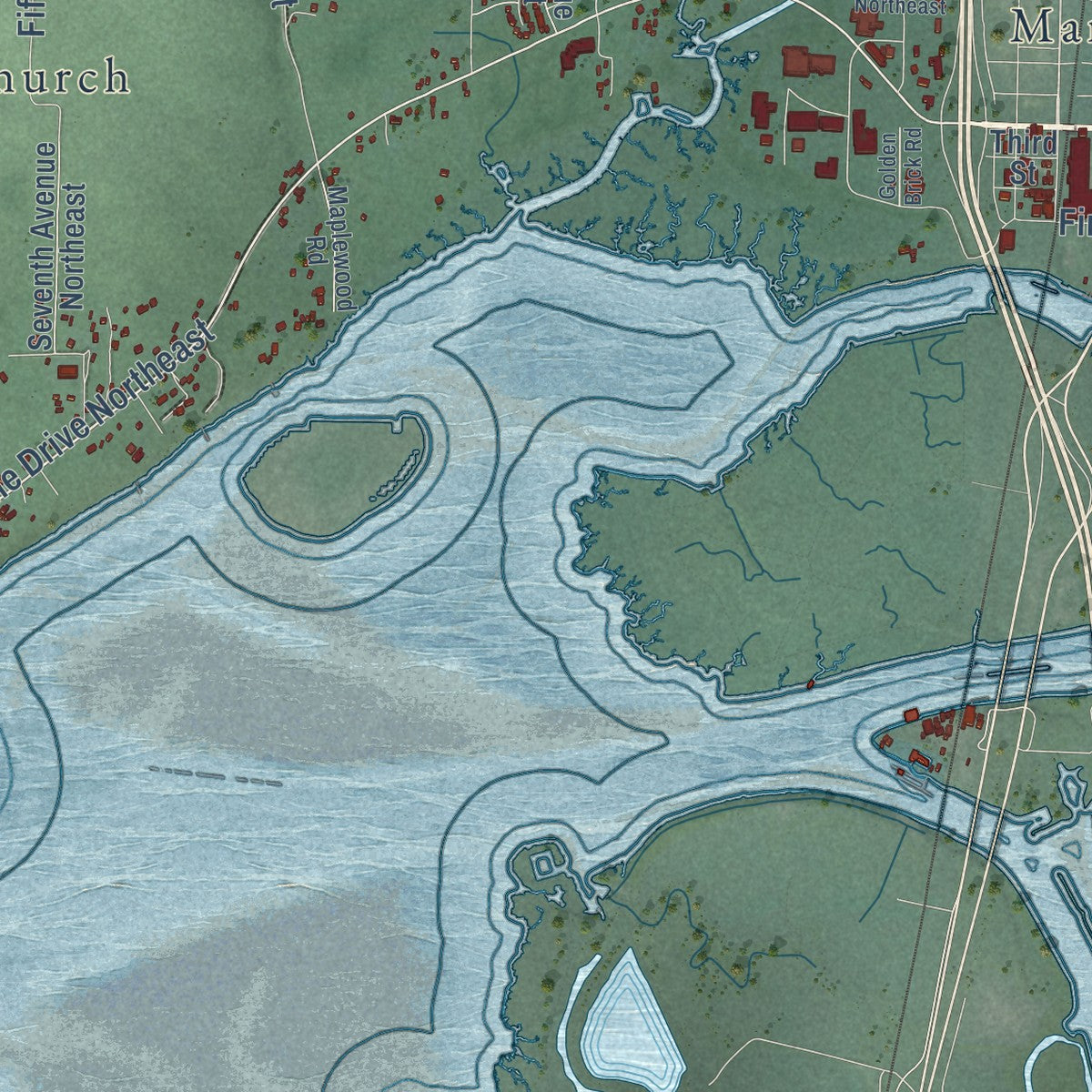 Close-up of the map of Tulalip, Washington print showing street and building detail