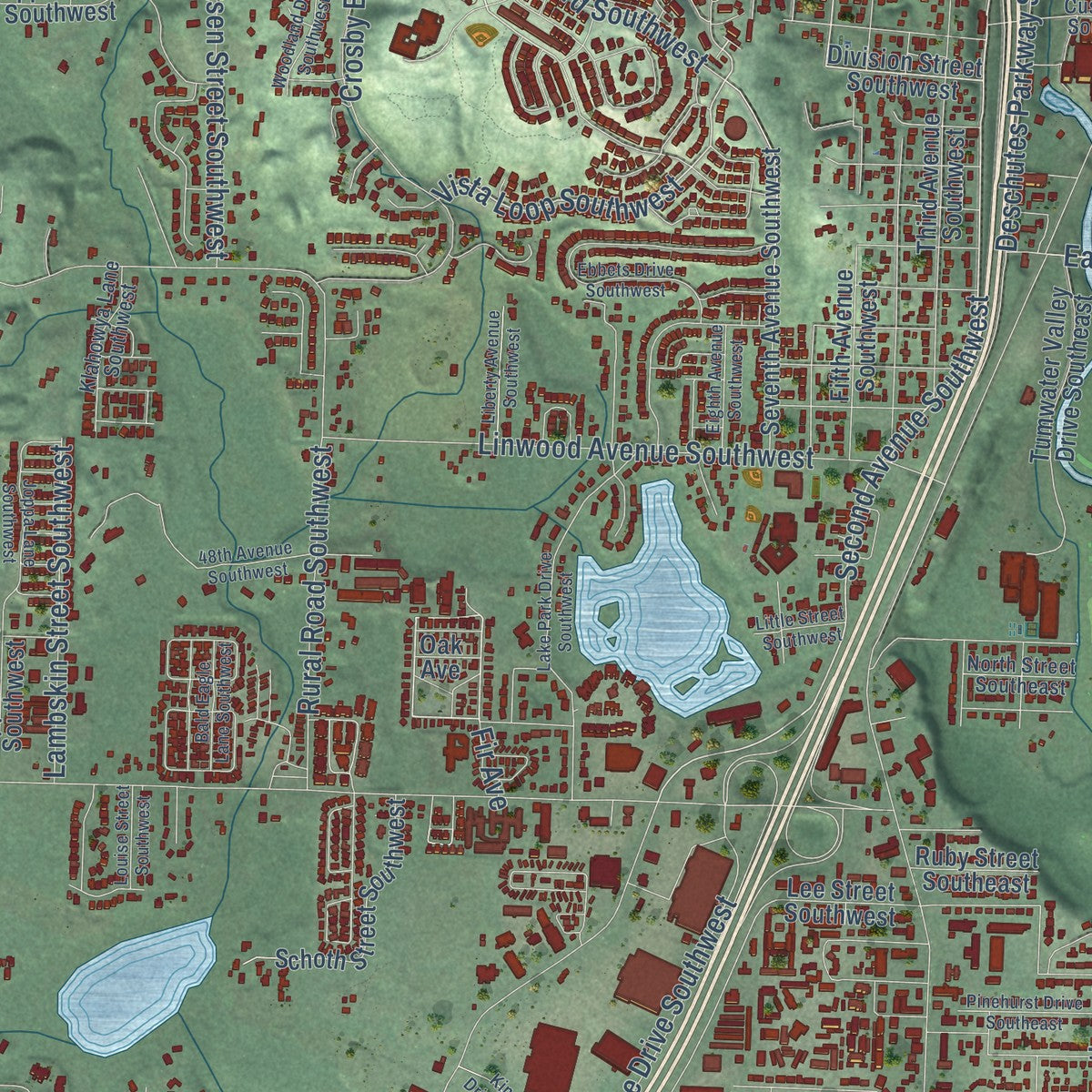 Close-up of the map of Tumwater, Washington print showing street and building detail